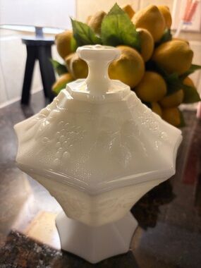 Milk Glass colony harvest grape pattern covered pedestal candy dish. 8” lid on.